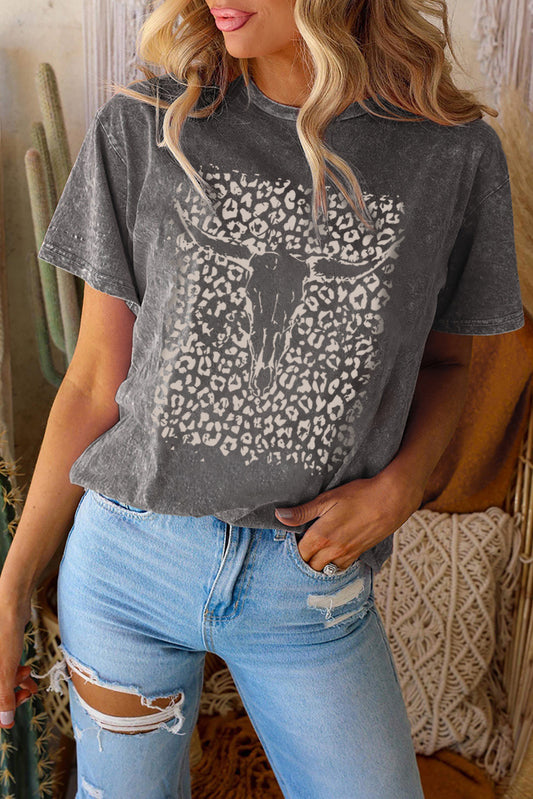 Black Leopard Skull Graphic Print Short Sleeve T Shirt