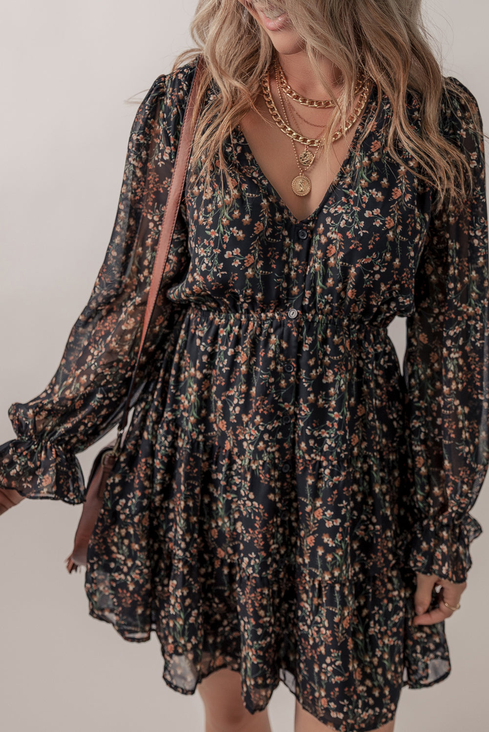 Black Floral Print V Neck Ruffled Puff Sleeve Mini Dress