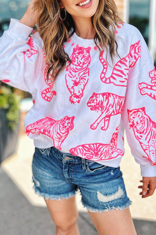 Bright White Pink Animal Print Pullover Sweatshirt