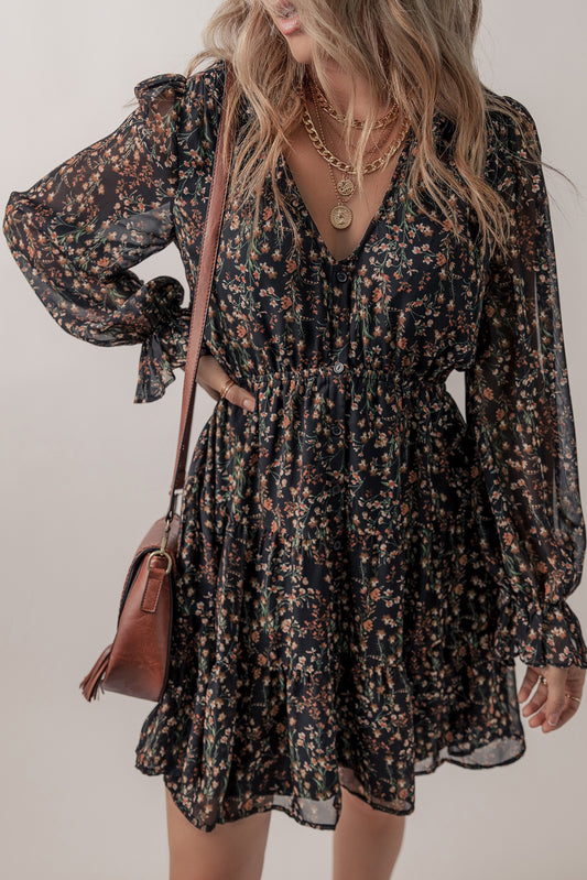 Black Floral Print V Neck Ruffled Puff Sleeve Mini Dress