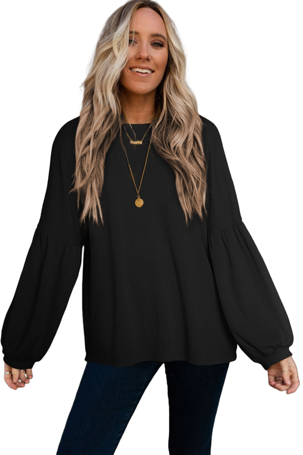 Black Faux Knit Jacquard Puffy Long Sleeve Top