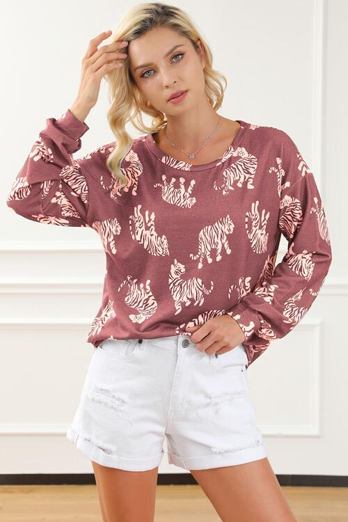 Animal Print Round Neck Sweatshirt